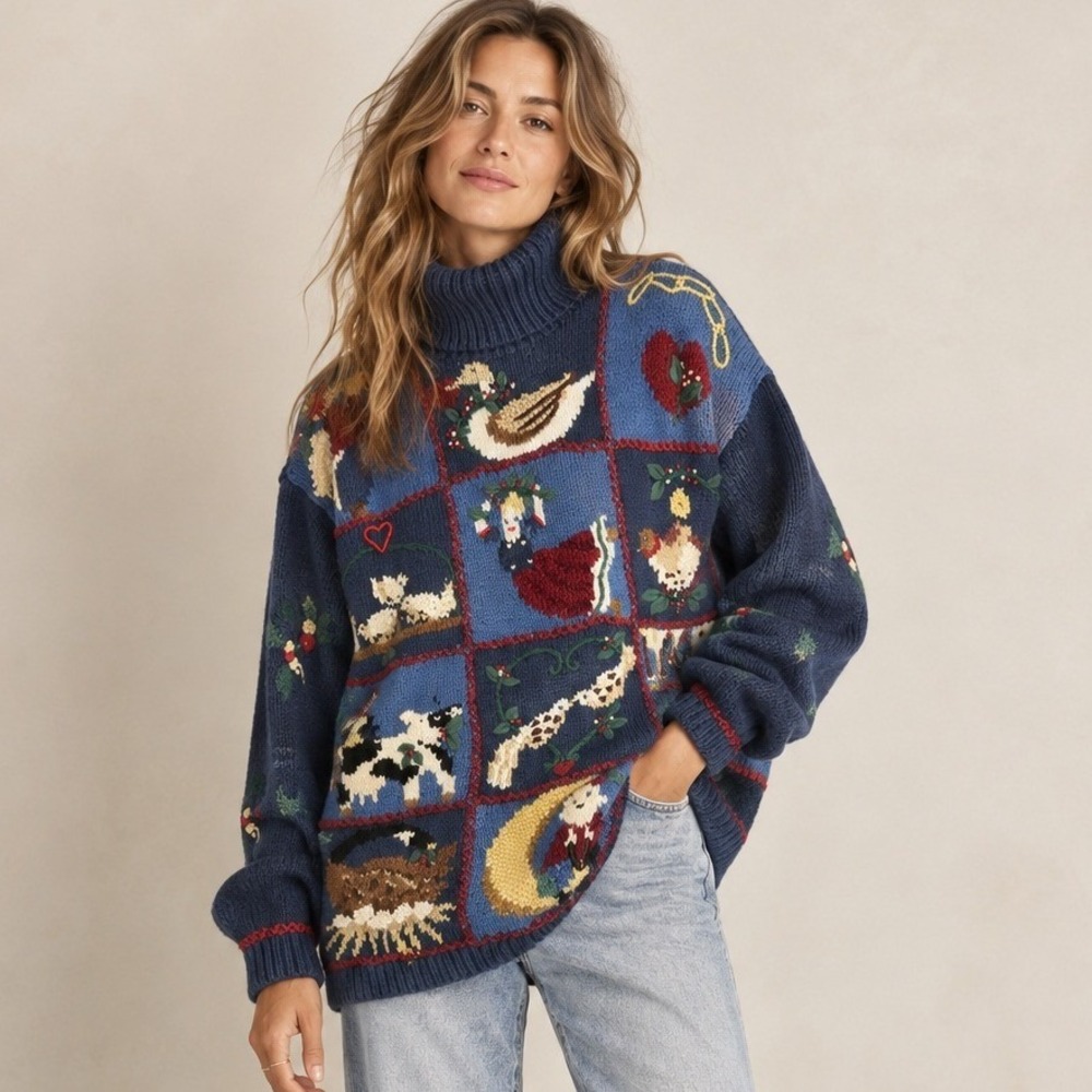 Marisa Christina Classics Christmas 1995 Patchwork Turtleneck Sweater Blue Med